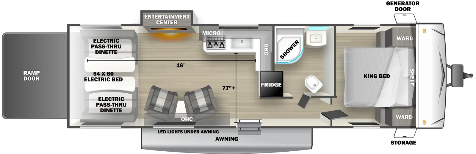 The 2700RLS travel trailer has 1 slide out on the off-door side, 1 entry door and 1 rear ramp door. Exterior features include an awning with LED lights, front door side storage and front off-door side generator door. Interior layout from front to back includes: front bedroom with foot-facing King bed, shelf over the bed, and front corner wardrobes; off-door side bathroom with shower, linen storage, toilet and single sink vanity; off-door side L-shaped kitchen countertop with stovetop, overhead microwave and cabinets, sink, and rear facing refrigerator; 2 door side recliners with end table; off-door side slideout holding an entertainment center; and rear 54 x 80 electric bed over electric pass-through dinette. Cargo length from rear of unit to kitchen countertop is 16 ft. Cargo width from kitchen countertop to door side wall is 77 inches.